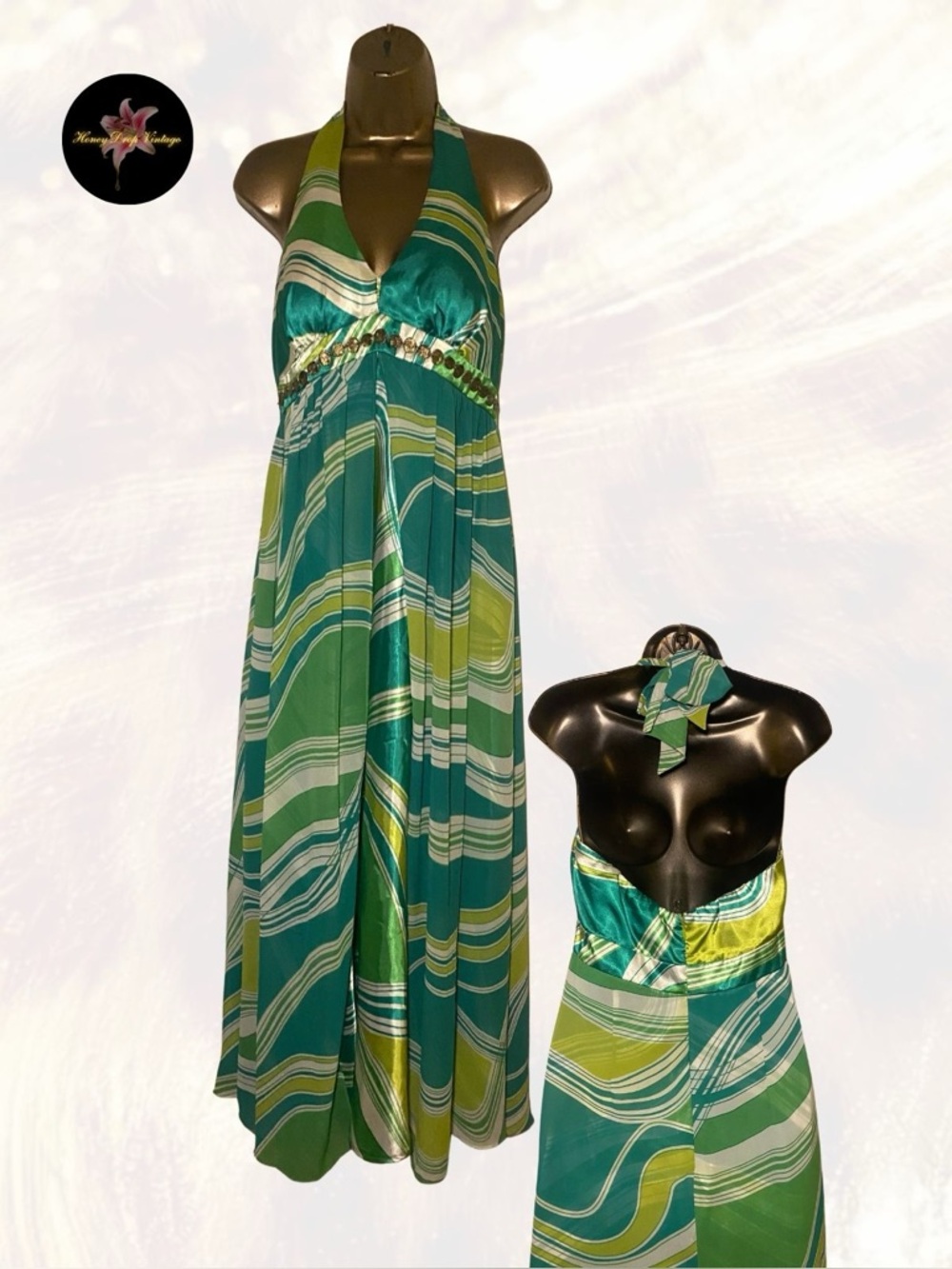 Robbie Bee Green Satin Halter Maxi Dress